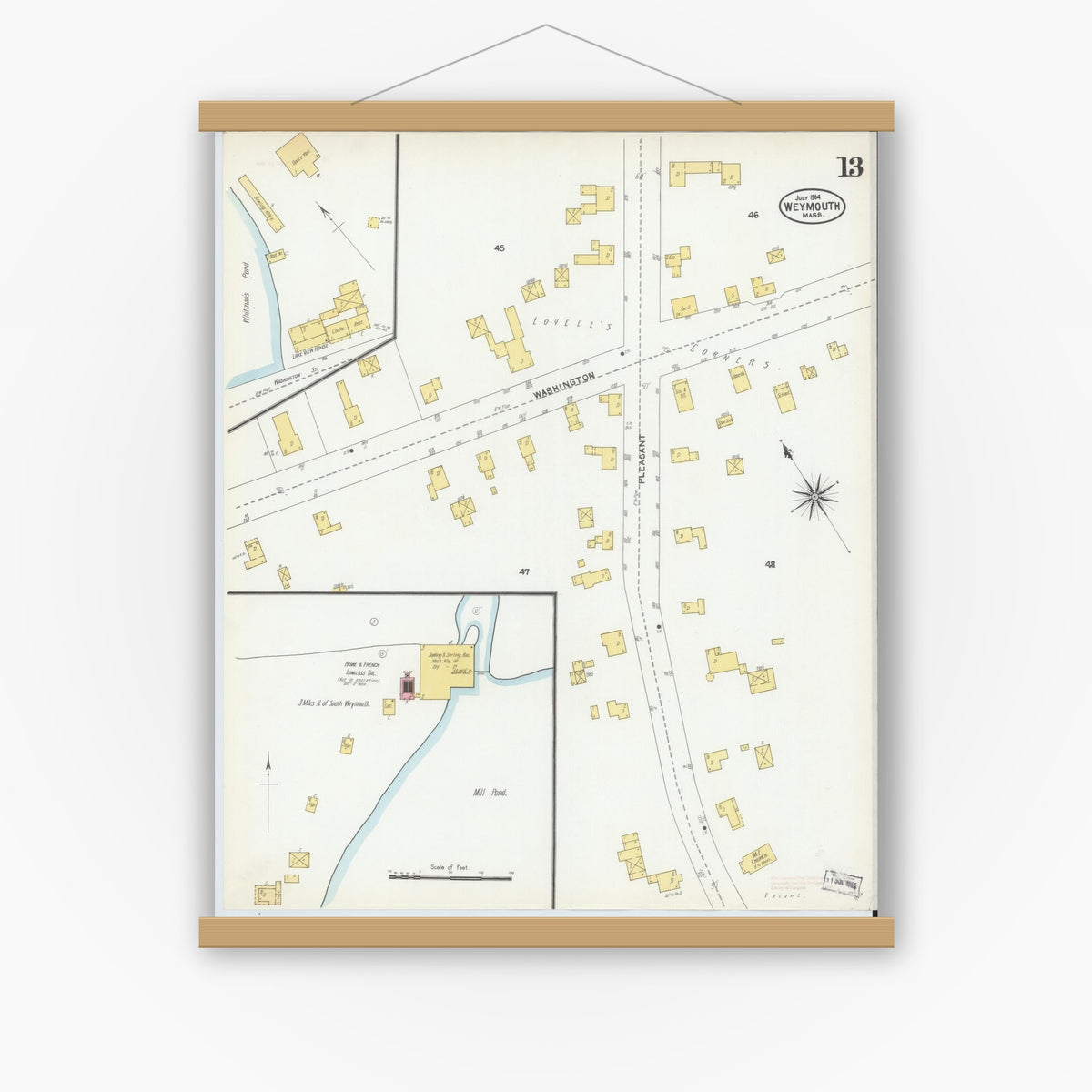 Old map wall art mockup — magnetic wood frame on white wall — Sanborn Fire Insurance Map from Weymouth, Norfolk County, Massachusetts (1904), Sheet #0013
