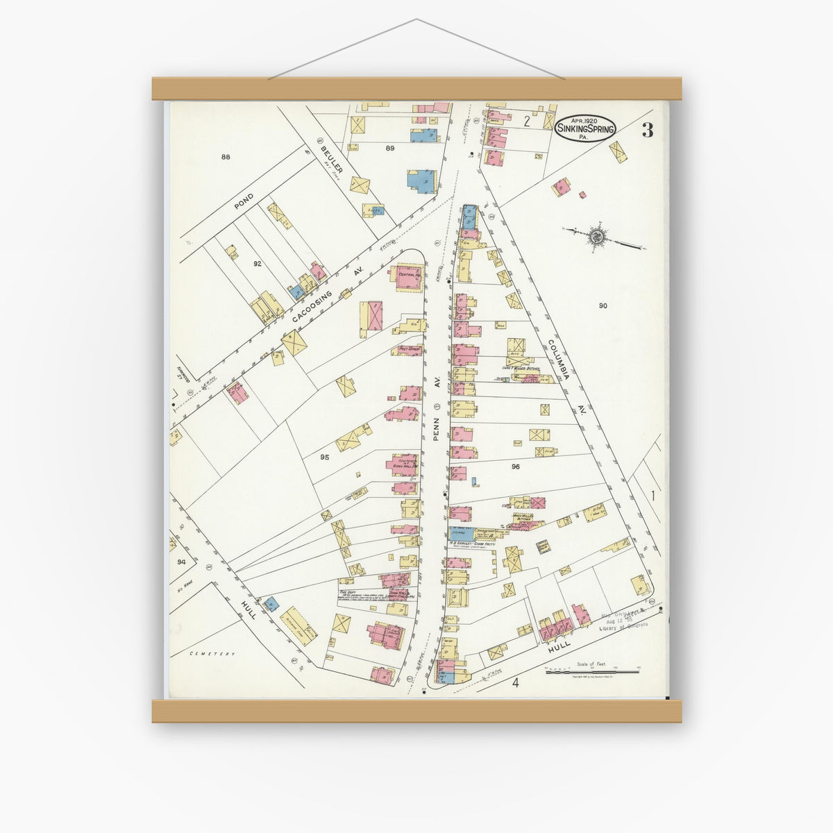 Old map wall art mockup — magnetic wood frame on white wall — Sanborn Fire Insurance Map from Sinking Spring, Berks County, Pennsylvania (1920), Sheet #0003
