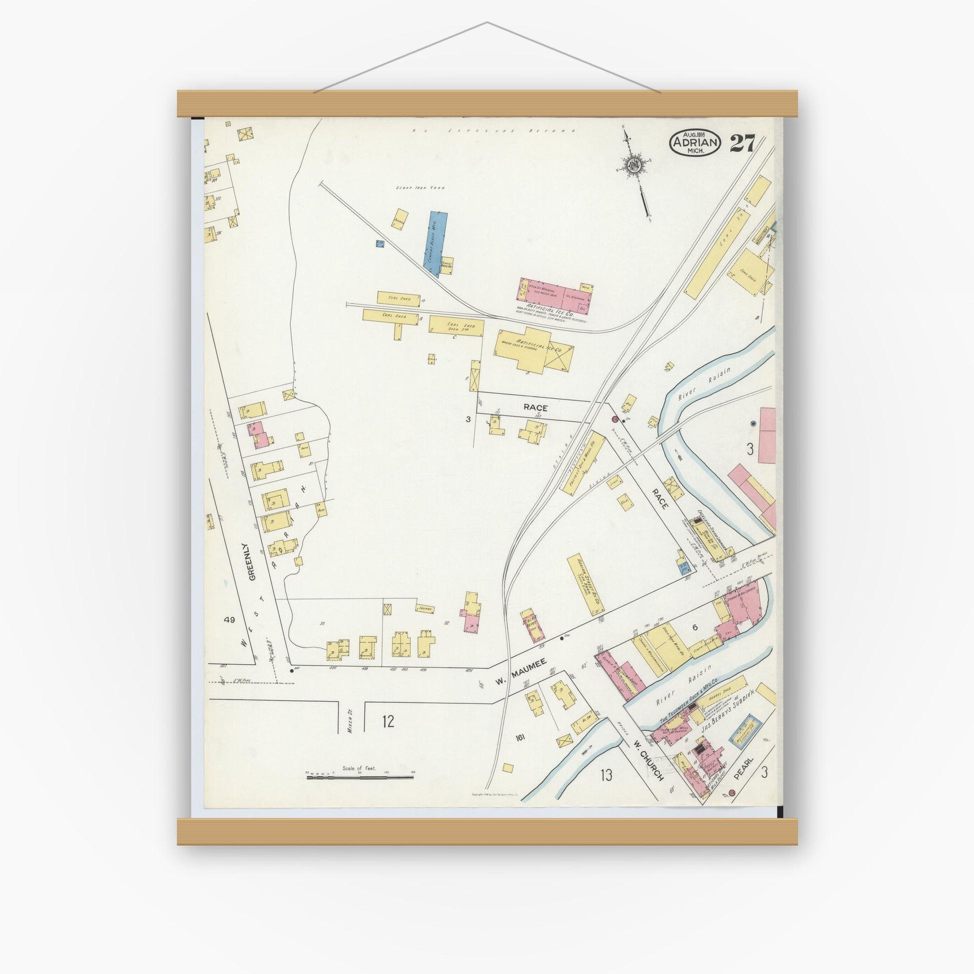 Old map wall art mockup — magnetic wood frame on white wall — Sanborn Fire Insurance Map from Adrian, Lenawee County, Michigan (1916), Sheet #0027