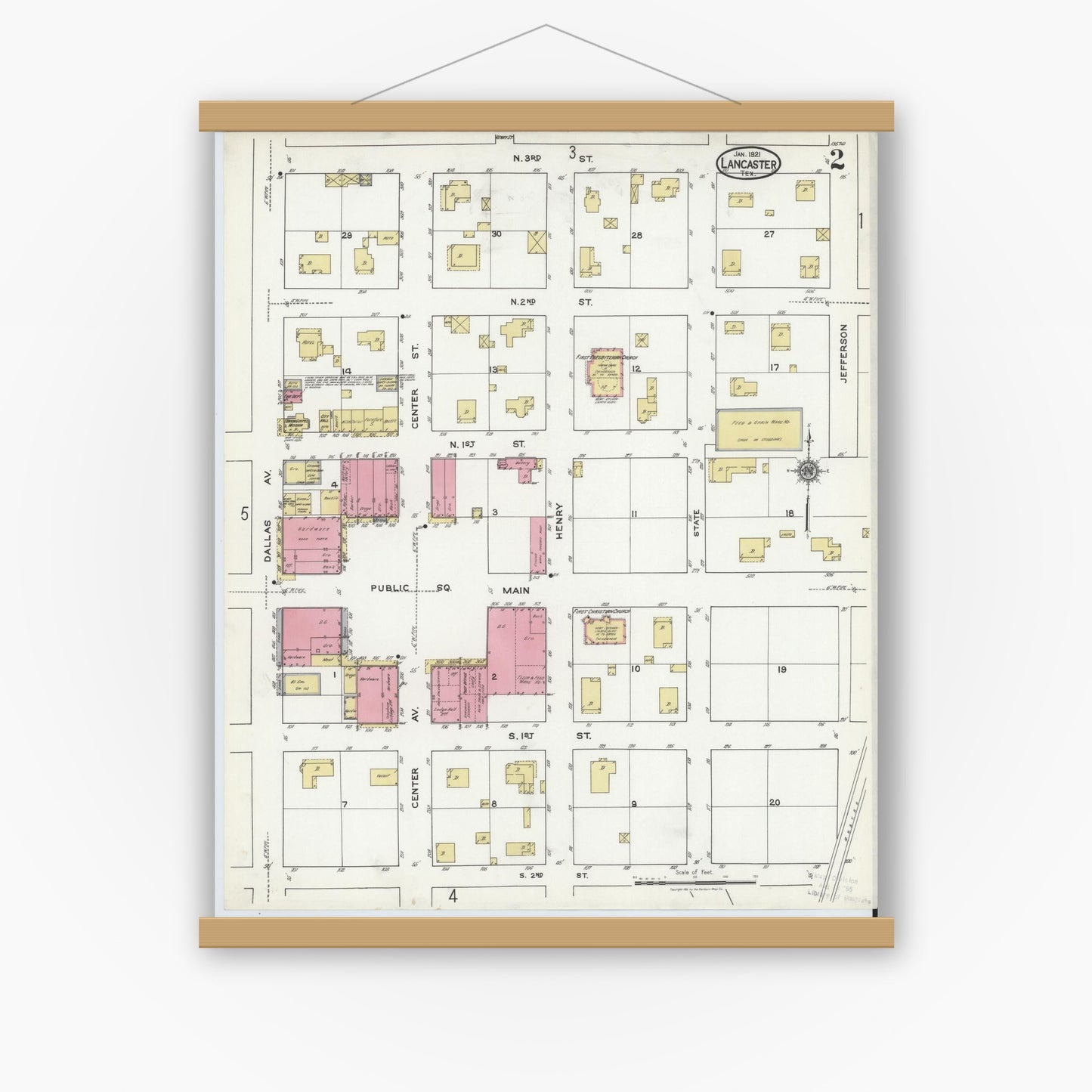 Old map wall art mockup — magnetic wood frame on white wall — Sanborn Fire Insurance Map from Lancaster, Dallas County, Texas (1921), Sheet #0002
