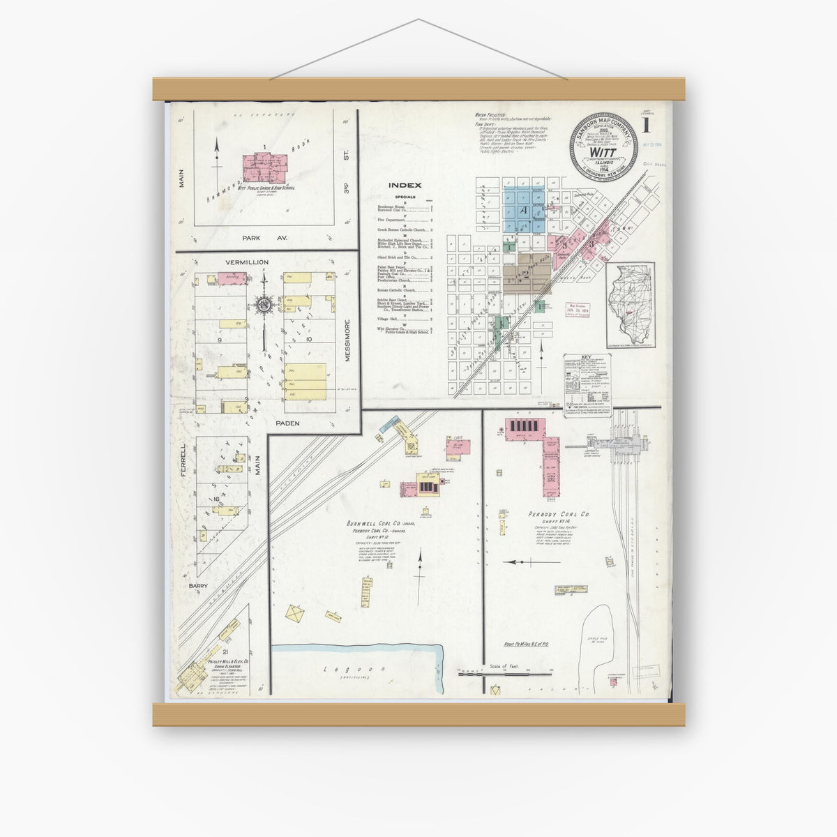 Old map wall art mockup — magnetic wood frame on white wall — Sanborn Fire Insurance Map from Witt, Montgomery County, Illinois (1914), Sheet #0001