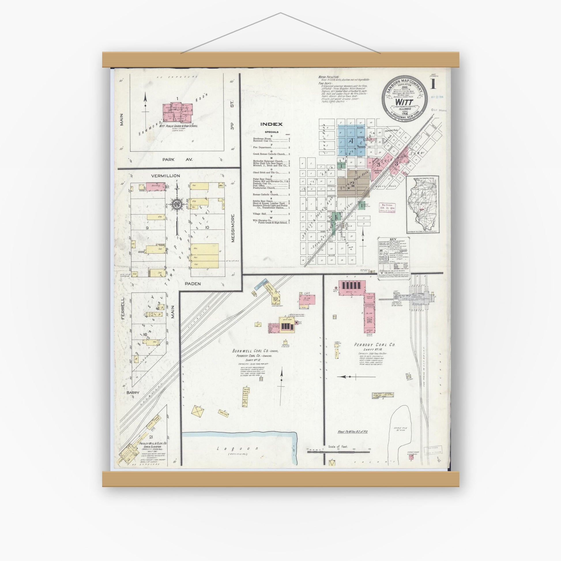 Old map wall art mockup — magnetic wood frame on white wall — Sanborn Fire Insurance Map from Witt, Montgomery County, Illinois (1914), Sheet #0001