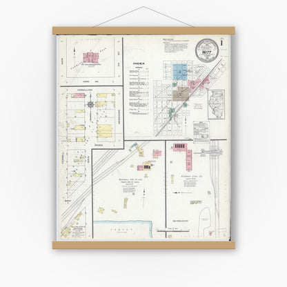Old map wall art mockup — magnetic wood frame on white wall — Sanborn Fire Insurance Map from Witt, Montgomery County, Illinois (1914), Sheet #0001