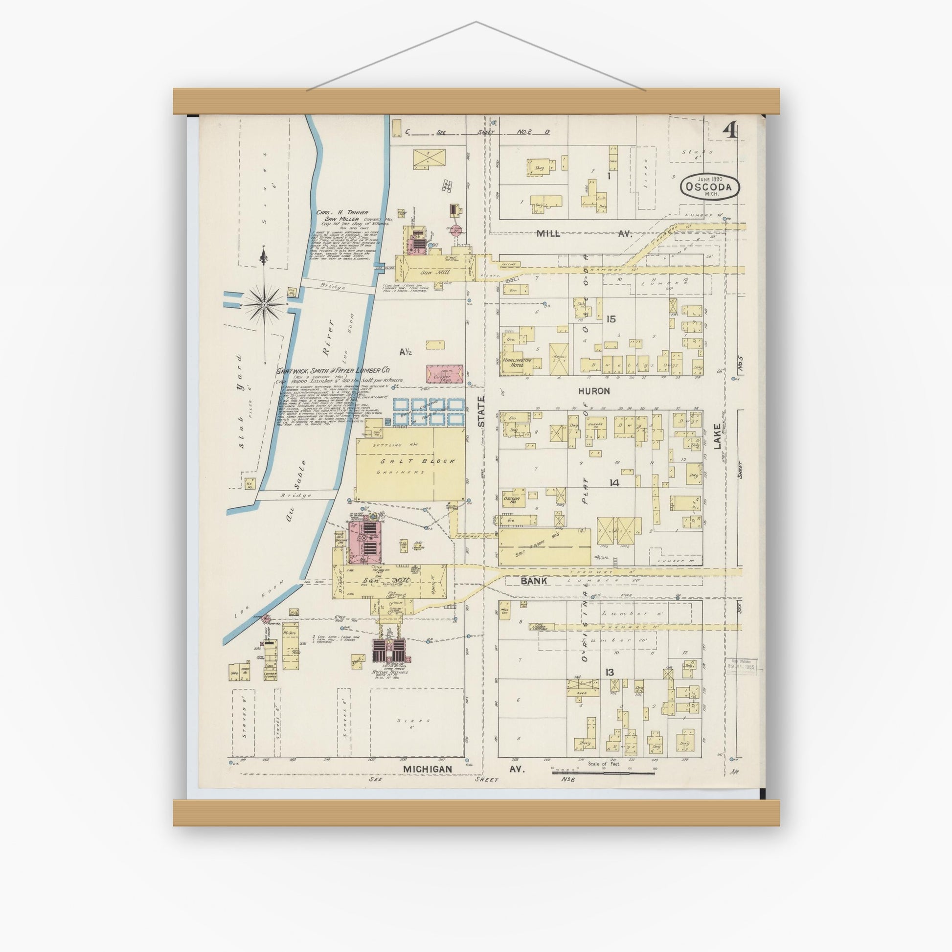 Old map wall art mockup — magnetic wood frame on white wall — Sanborn Fire Insurance Map from Oscoda, Iosco County, Michigan (1890), Sheet #0004