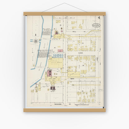 Old map wall art mockup — magnetic wood frame on white wall — Sanborn Fire Insurance Map from Oscoda, Iosco County, Michigan (1890), Sheet #0004