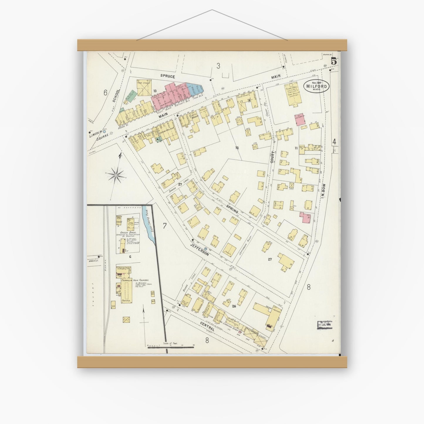 Old map wall art mockup — magnetic wood frame on white wall — Sanborn Fire Insurance Map from Milford, Worcester County, Massachusetts (1897), Sheet #0005