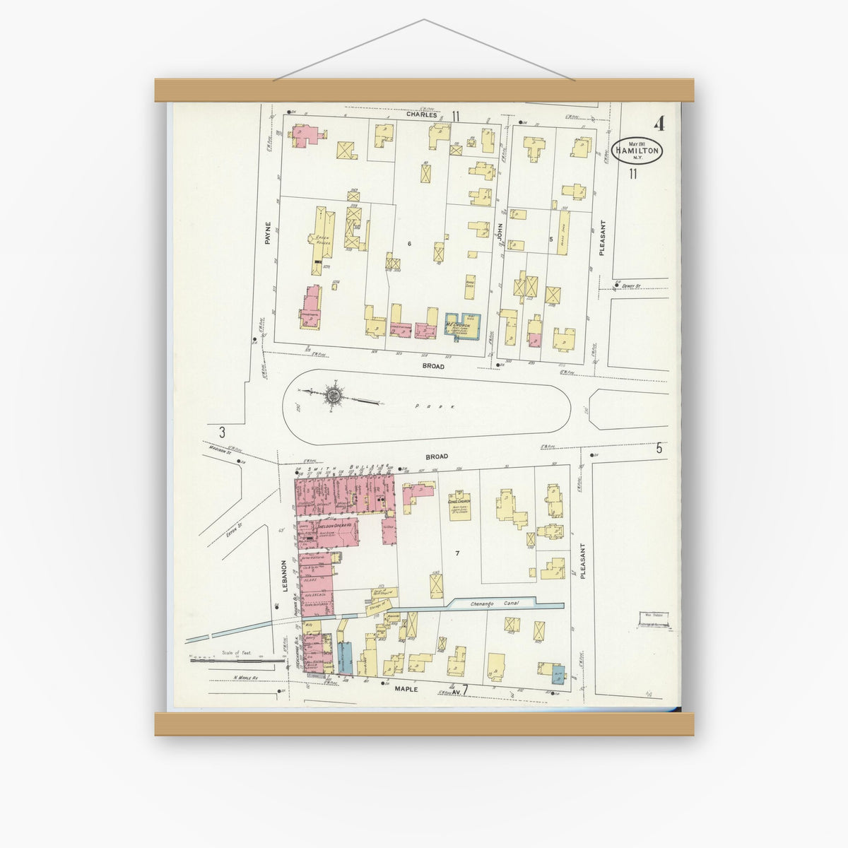Old map wall art mockup — magnetic wood frame on white wall — Sanborn Fire Insurance Map from Hamilton, Madison County, New York (1911), Sheet #0004