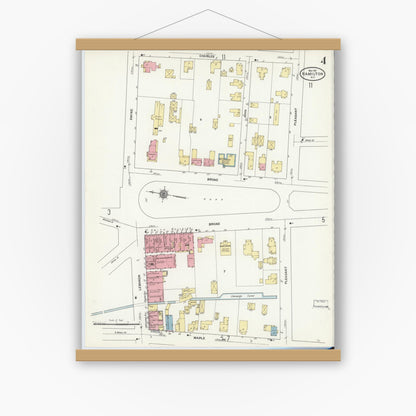 Old map wall art mockup — magnetic wood frame on white wall — Sanborn Fire Insurance Map from Hamilton, Madison County, New York (1911), Sheet #0004