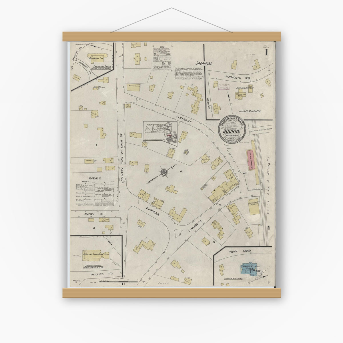 Old map wall art mockup — magnetic wood frame on white wall — Sanborn Fire Insurance Map from Bourne, Barnstable County, Massachusetts (1913), Sheet #0001