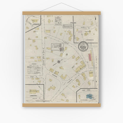 Old map wall art mockup — magnetic wood frame on white wall — Sanborn Fire Insurance Map from Bourne, Barnstable County, Massachusetts (1913), Sheet #0001