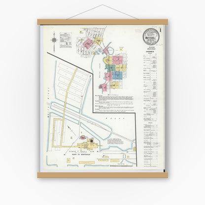 Old map wall art mockup — magnetic wood frame on white wall — Sanborn Fire Insurance Map from Whitehall, Muskegon County, Michigan (1910), Sheet #0001