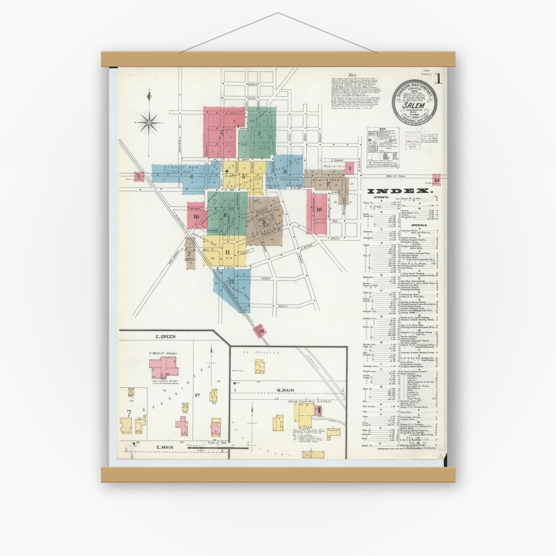 Old map wall art mockup — magnetic wood frame on white wall — Sanborn Fire Insurance Map from Salem, Columbiana County, Ohio (1903) - Complete Map Set