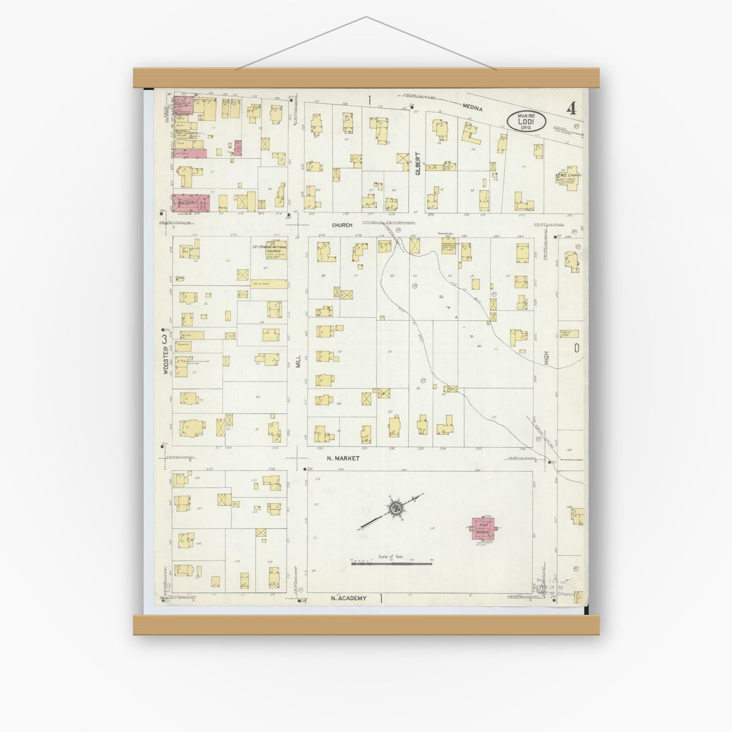 Old map wall art mockup — magnetic wood frame on white wall — Sanborn Fire Insurance Map from Lodi, Medina County, Ohio (1912), Sheet #0004