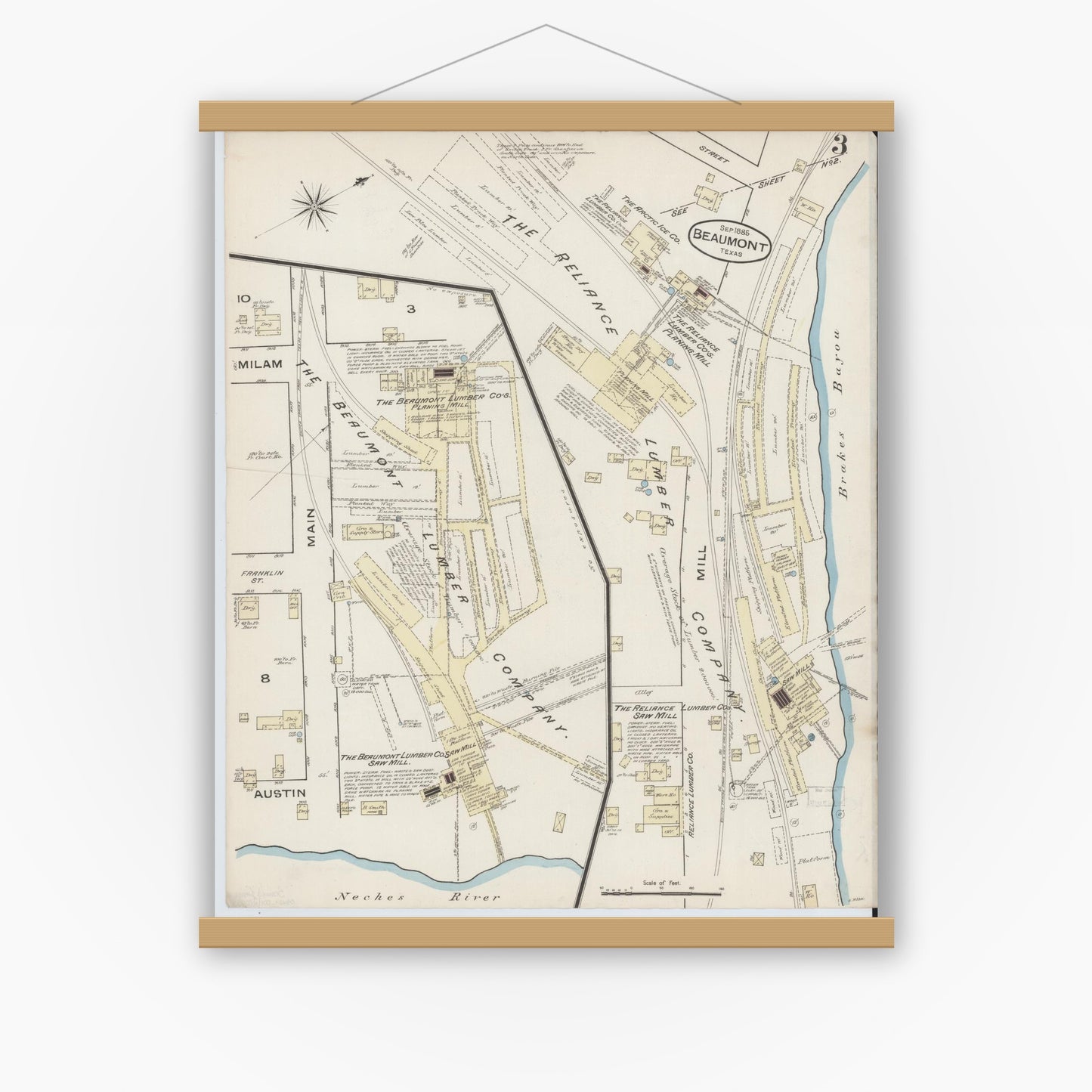 Old map wall art mockup — magnetic wood frame on white wall — Sanborn Fire Insurance Map from Beaumont, Jefferson County, Texas (1885), Sheet #0003