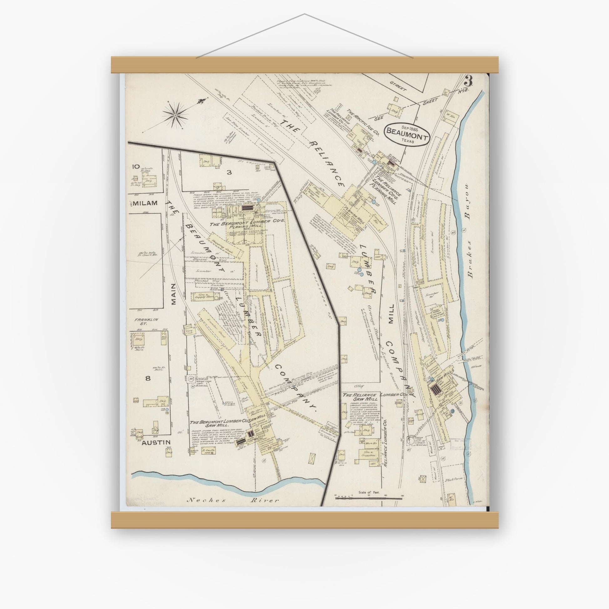 Old map wall art mockup — magnetic wood frame on white wall — Sanborn Fire Insurance Map from Beaumont, Jefferson County, Texas (1885), Sheet #0003