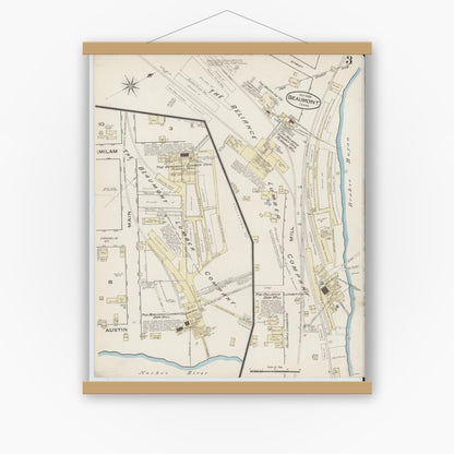 Old map wall art mockup — magnetic wood frame on white wall — Sanborn Fire Insurance Map from Beaumont, Jefferson County, Texas (1885), Sheet #0003