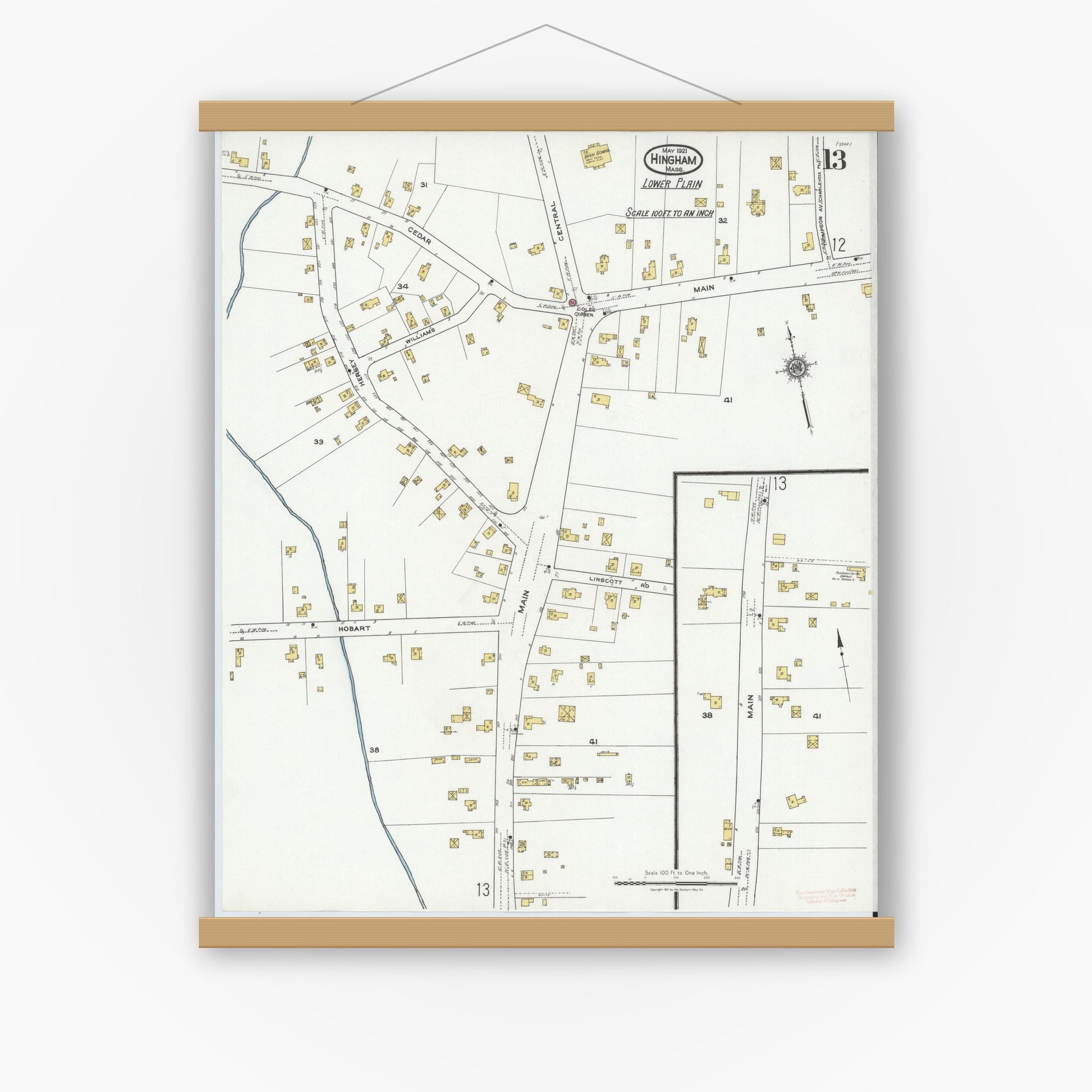Old map wall art mockup — magnetic wood frame on white wall — Sanborn Fire Insurance Map from Hingham, Plymouth County, Massachusetts (1921), Sheet #0013