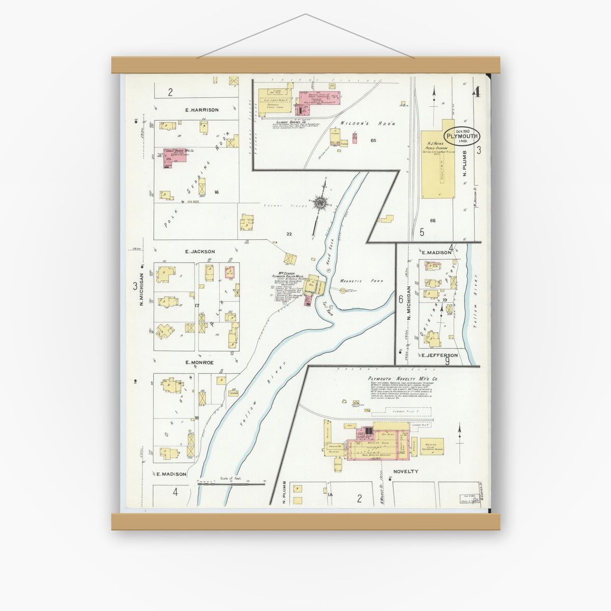 Old map wall art mockup — magnetic wood frame on white wall — Sanborn Fire Insurance Map from Plymouth, Marhshall County, Indiana (1910), Sheet #0004