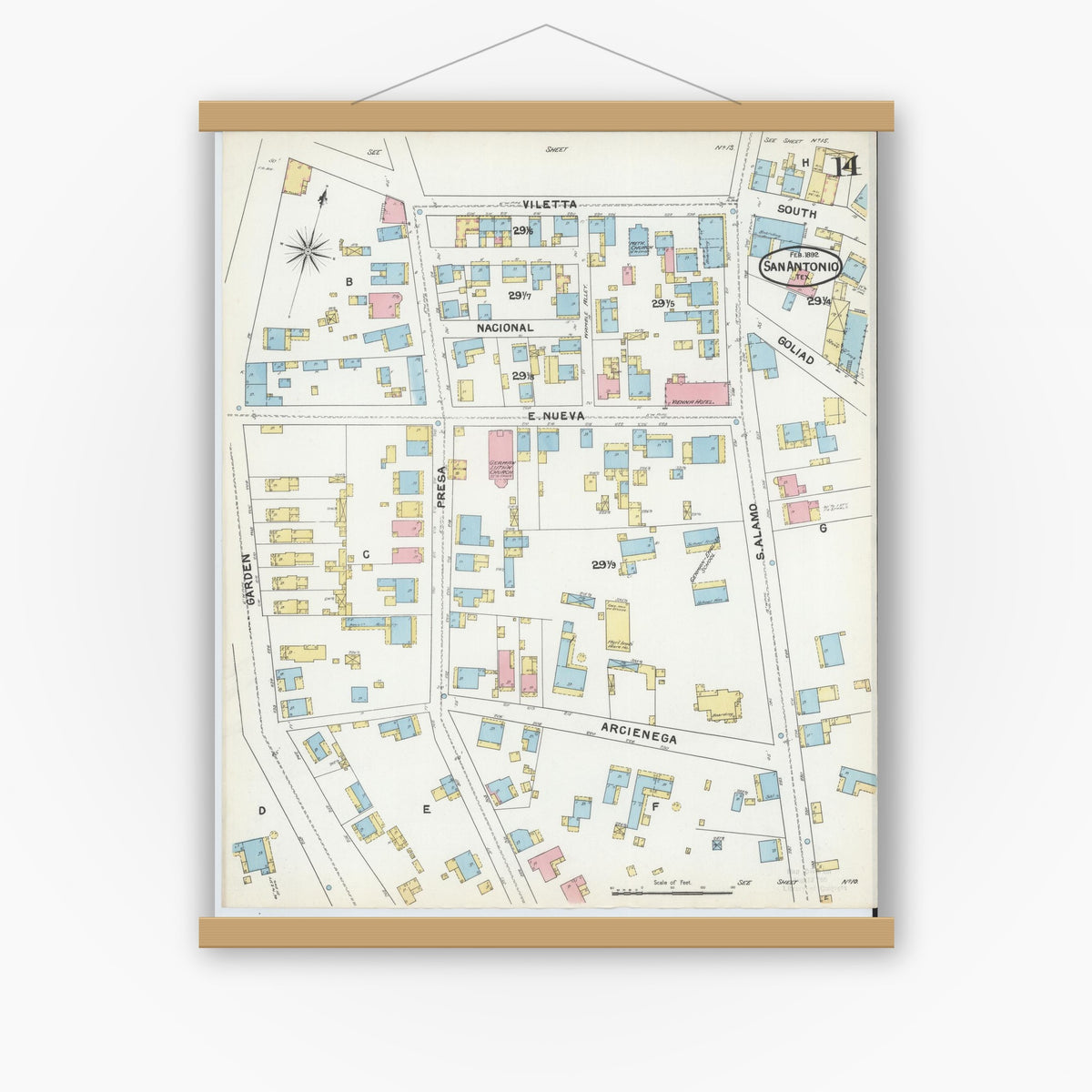 Old map wall art mockup — magnetic wood frame on white wall — Sanborn Fire Insurance Map from San Antonio, Bexar County, Texas (1892), Sheet #0014