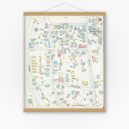 Old map wall art mockup — magnetic wood frame on white wall — Sanborn Fire Insurance Map from San Antonio, Bexar County, Texas (1892), Sheet #0014