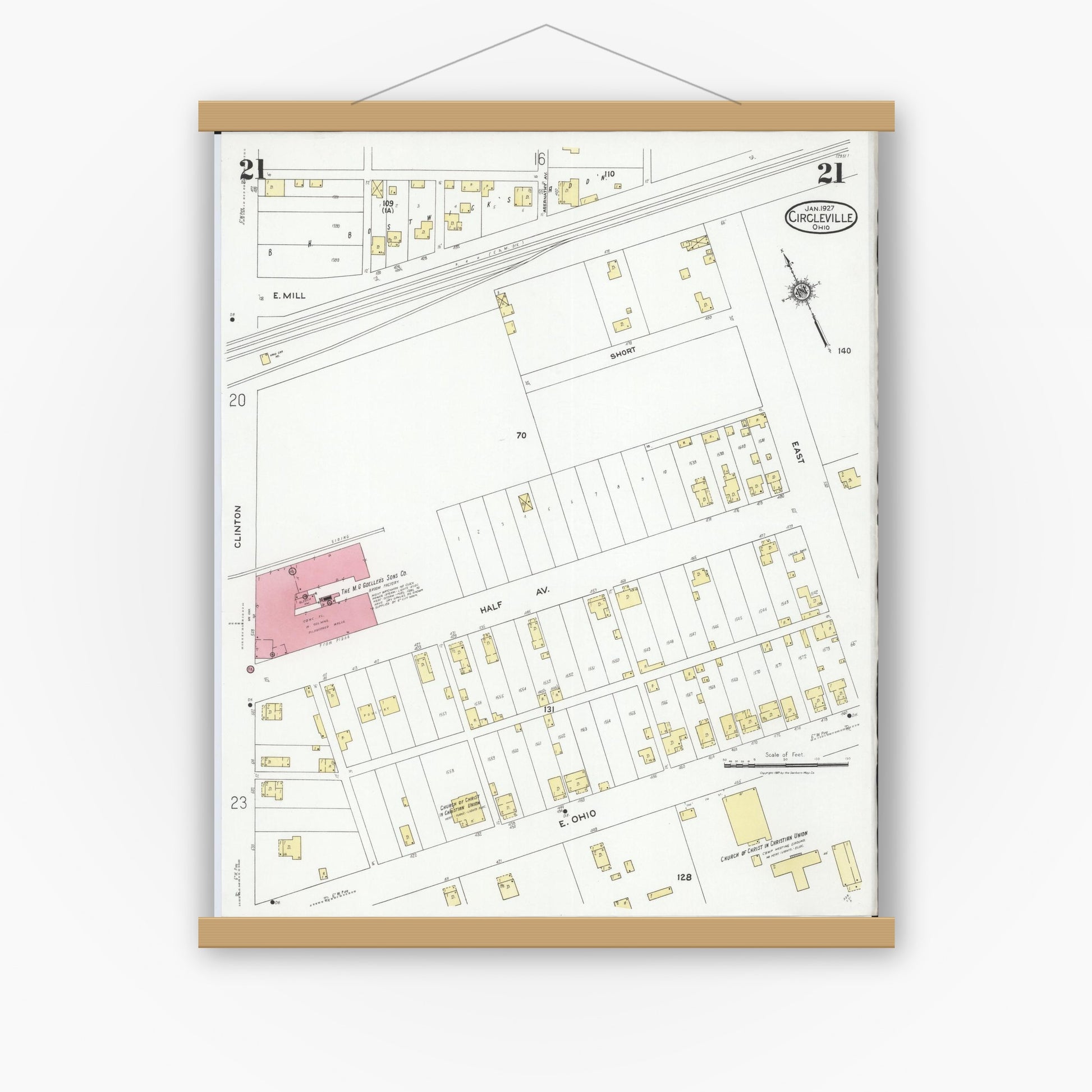 Old map wall art mockup — magnetic wood frame on white wall — Sanborn Fire Insurance Map from Circleville, Pickaway County, Ohio (1927), Sheet #0021