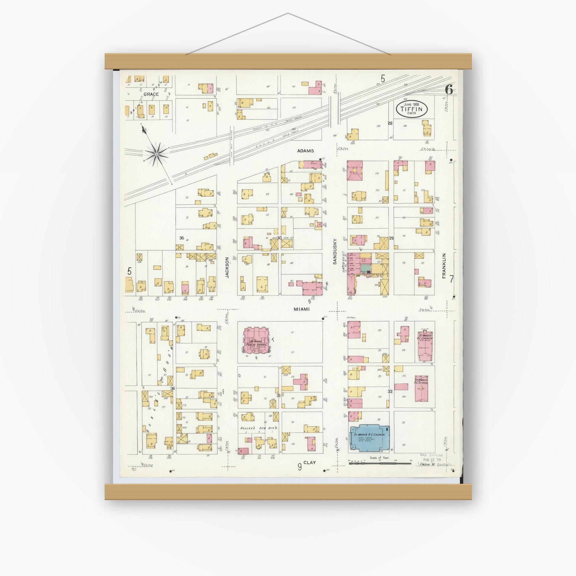 Old map wall art mockup — magnetic wood frame on white wall — Sanborn Fire Insurance Map from Tiffin, Seneca County, Ohio (1908), Sheet #0006