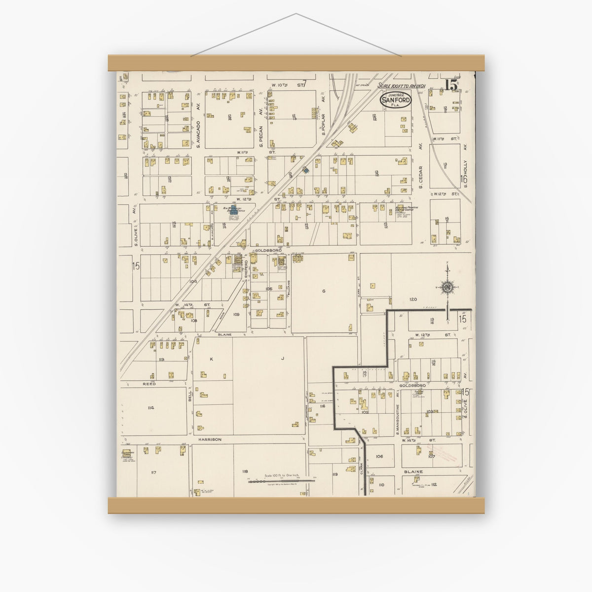 Old map wall art mockup — magnetic wood frame on white wall — Sanborn Fire Insurance Map from Sanford, Seminole County, Florida (1922), Sheet #0015