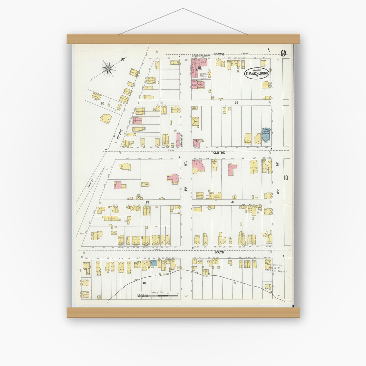 Old map wall art mockup — magnetic wood frame on white wall — Sanborn Fire Insurance Map from Mauch Chunk, Carbon County, Pennsylvania (1902), Sheet #0009