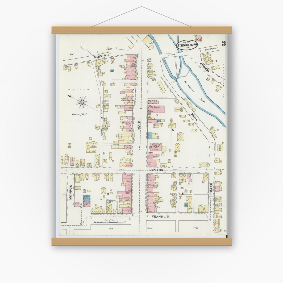 Old map wall art mockup — magnetic wood frame on white wall — Sanborn Fire Insurance Map from Stroudsburg, Monroe County, Pennsylvania (1892), Sheet #0003