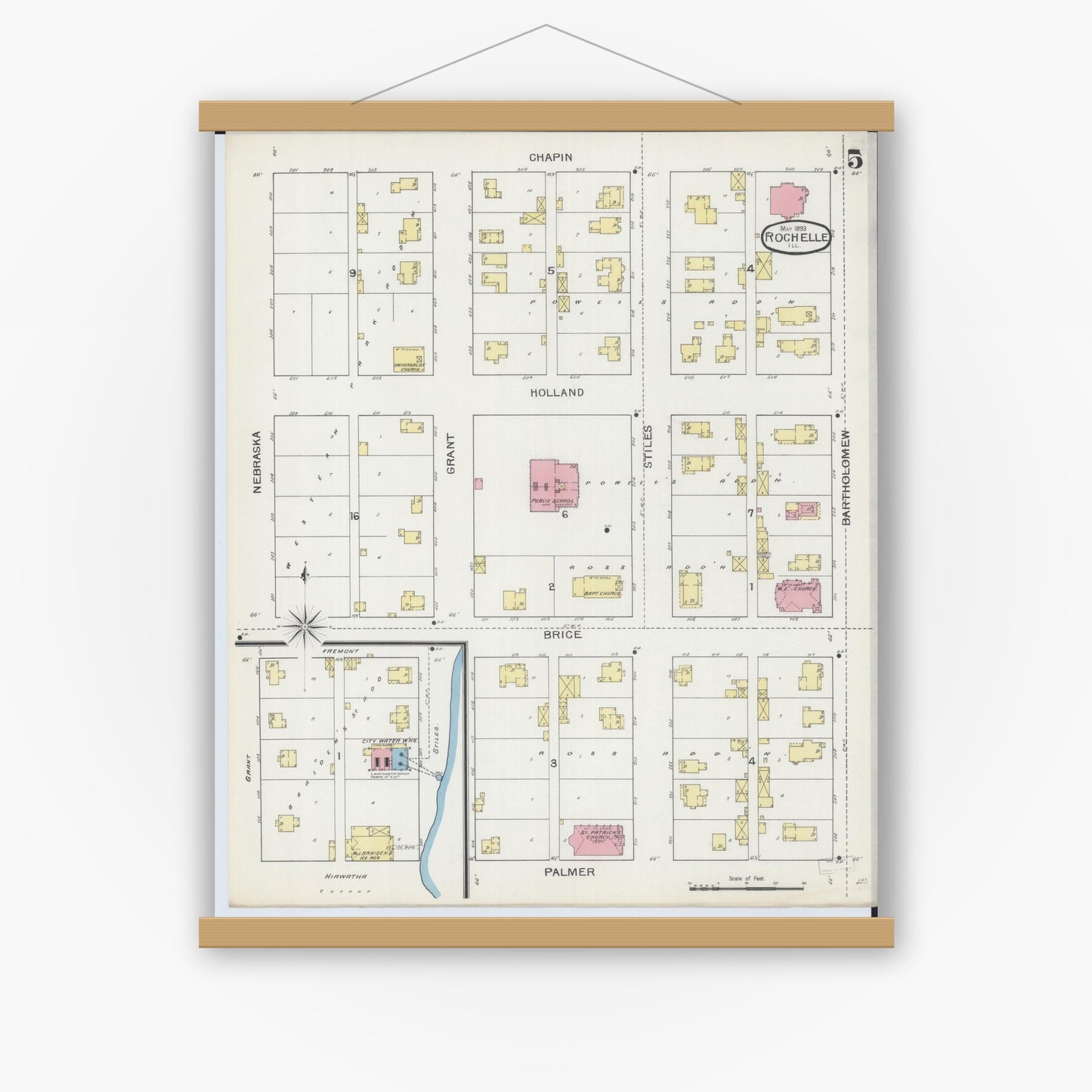 Old map wall art mockup — magnetic wood frame on white wall — Sanborn Fire Insurance Map from Rochelle, Ogle County, Illinois (1893), Sheet #0005