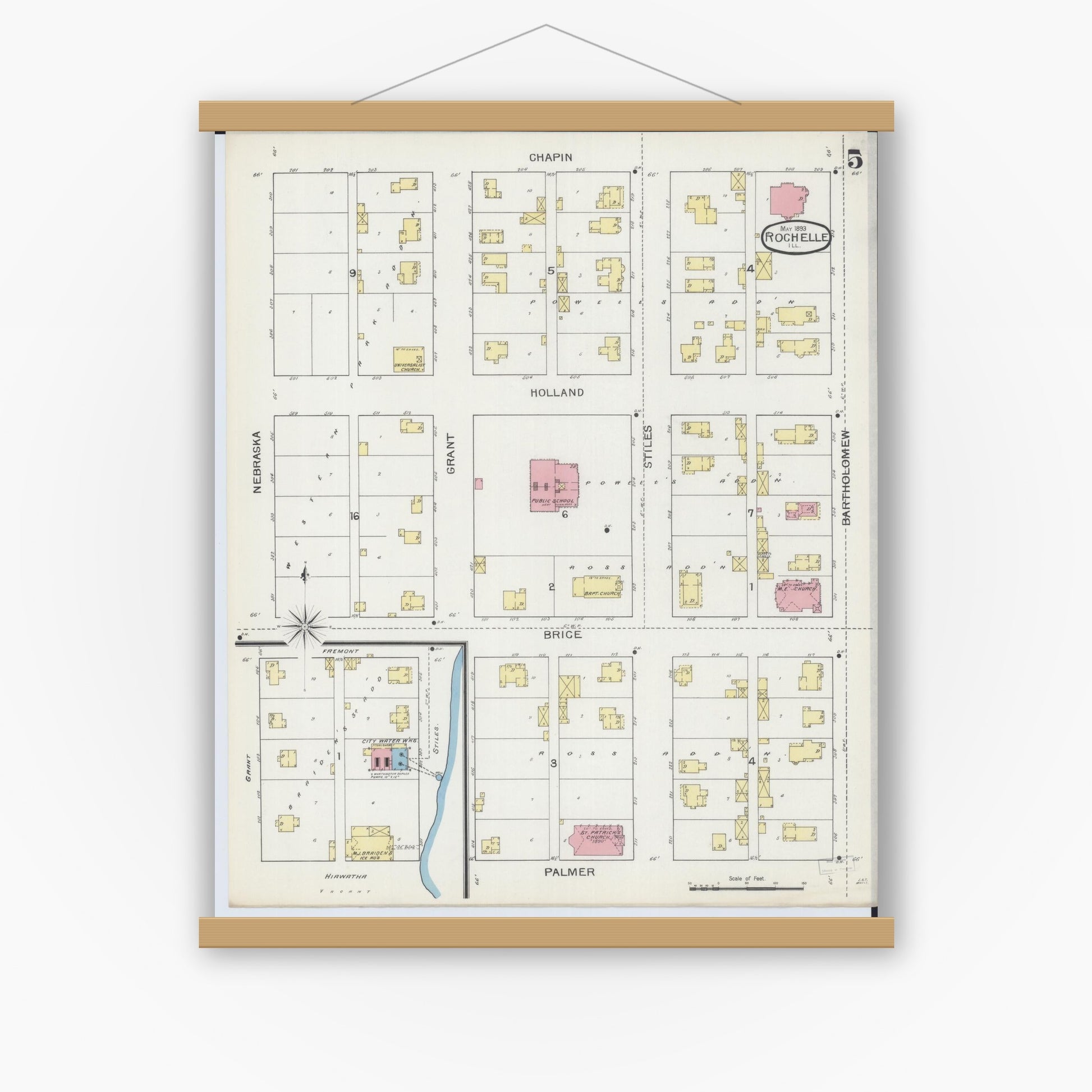 Old map wall art mockup — magnetic wood frame on white wall — Sanborn Fire Insurance Map from Rochelle, Ogle County, Illinois (1893), Sheet #0005