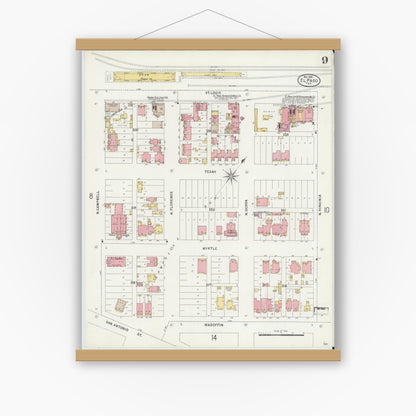 Old map wall art mockup — magnetic wood frame on white wall — Sanborn Fire Insurance Map from El Paso, El Paso County, Texas (1898), Sheet #0009