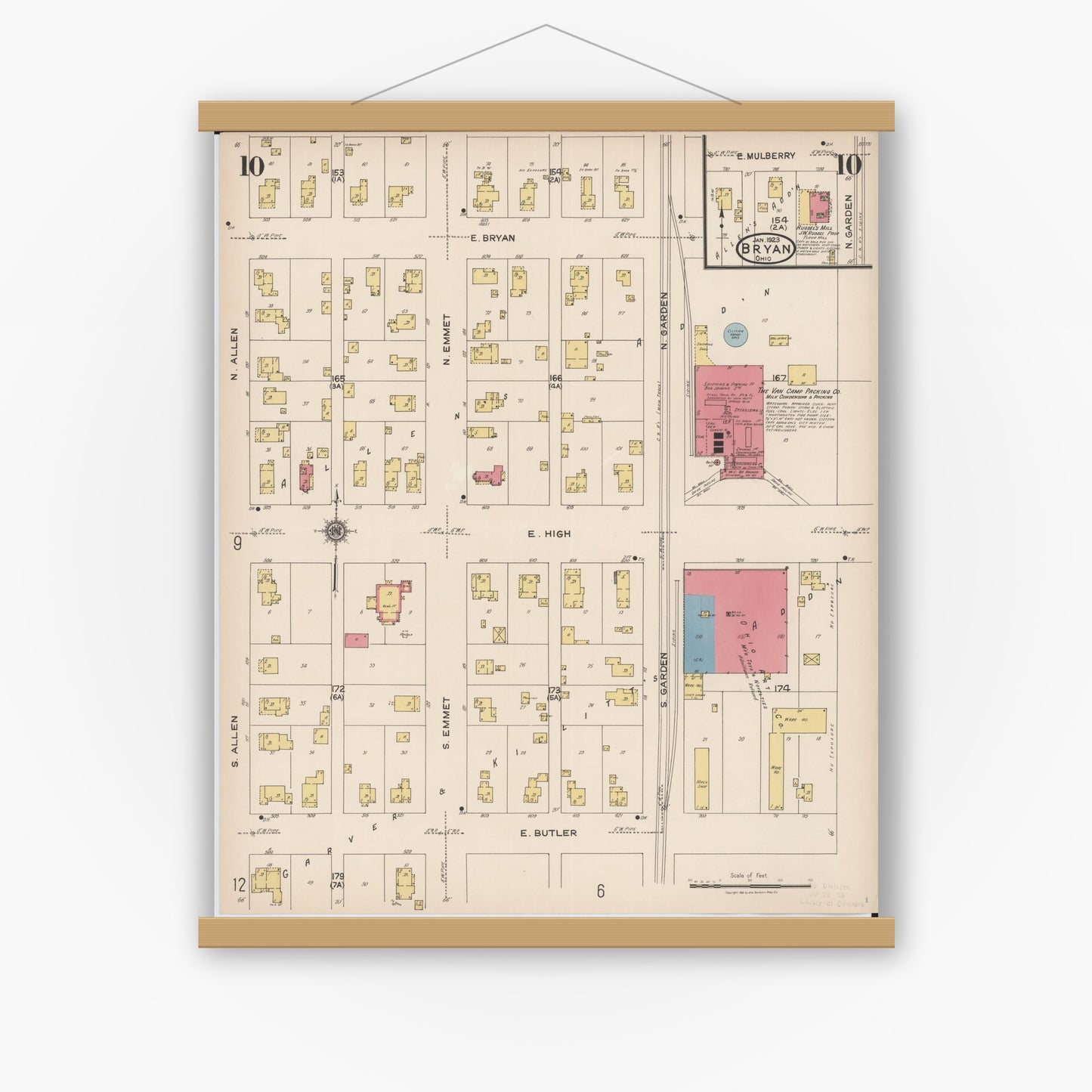 Old map wall art mockup — magnetic wood frame on white wall — Sanborn Fire Insurance Map from Bryan, Williams County, Ohio (1923), Sheet #0010