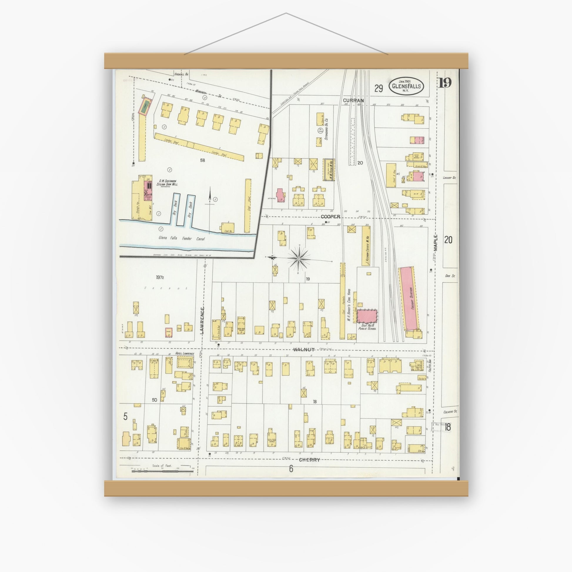 Old map wall art mockup — magnetic wood frame on white wall — Sanborn Fire Insurance Map from Glens Falls, Warren County, New York (1901), Sheet #0019