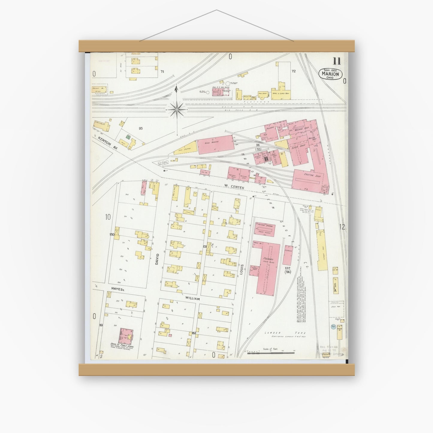 Old map wall art mockup — magnetic wood frame on white wall — Sanborn Fire Insurance Map from Marion, Marion County, Ohio (1900), Sheet #0011