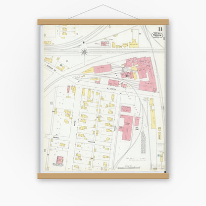Old map wall art mockup — magnetic wood frame on white wall — Sanborn Fire Insurance Map from Marion, Marion County, Ohio (1900), Sheet #0011
