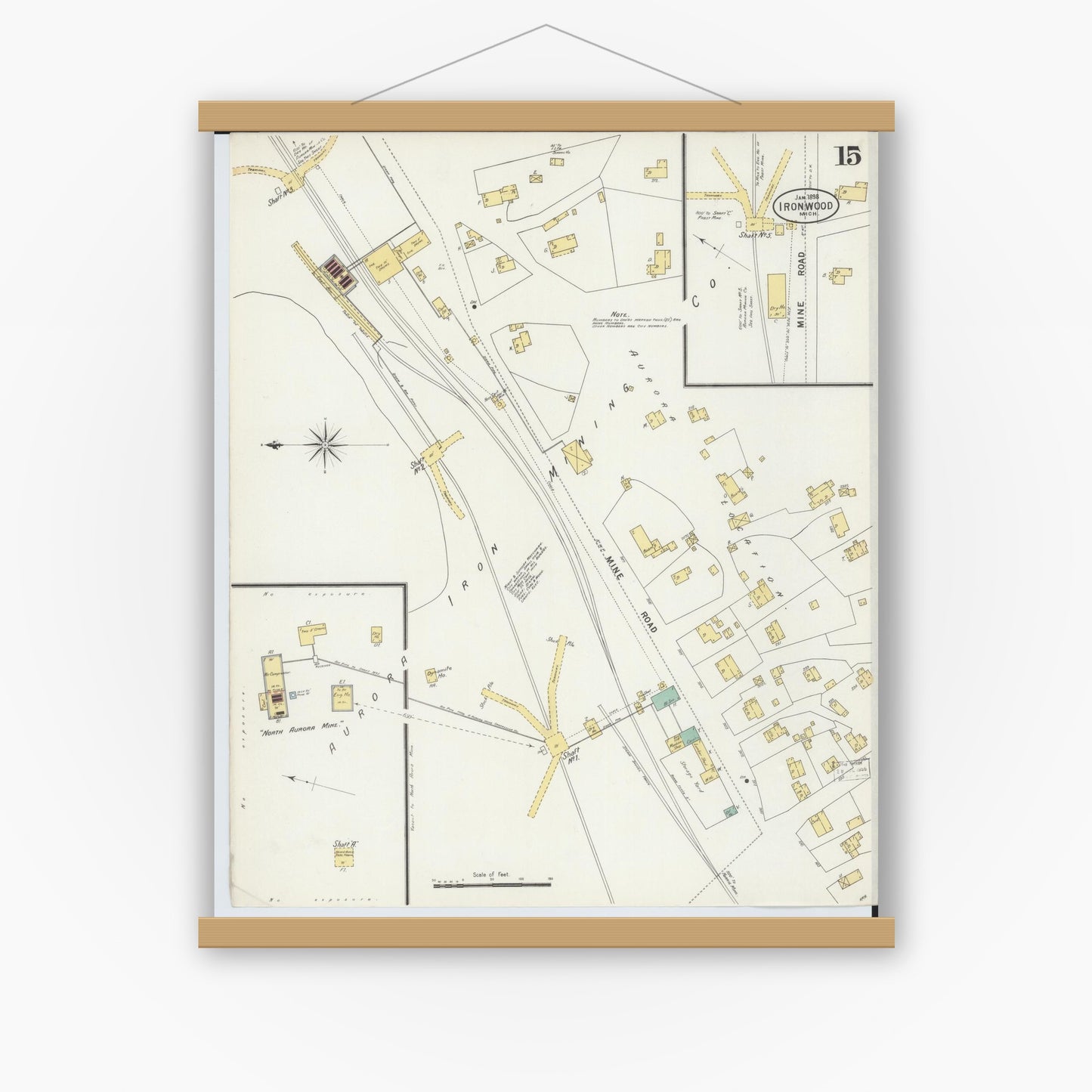 Old map wall art mockup — magnetic wood frame on white wall — Sanborn Fire Insurance Map from Ironwood, Gogebic County, Michigan (1898), Sheet #0015