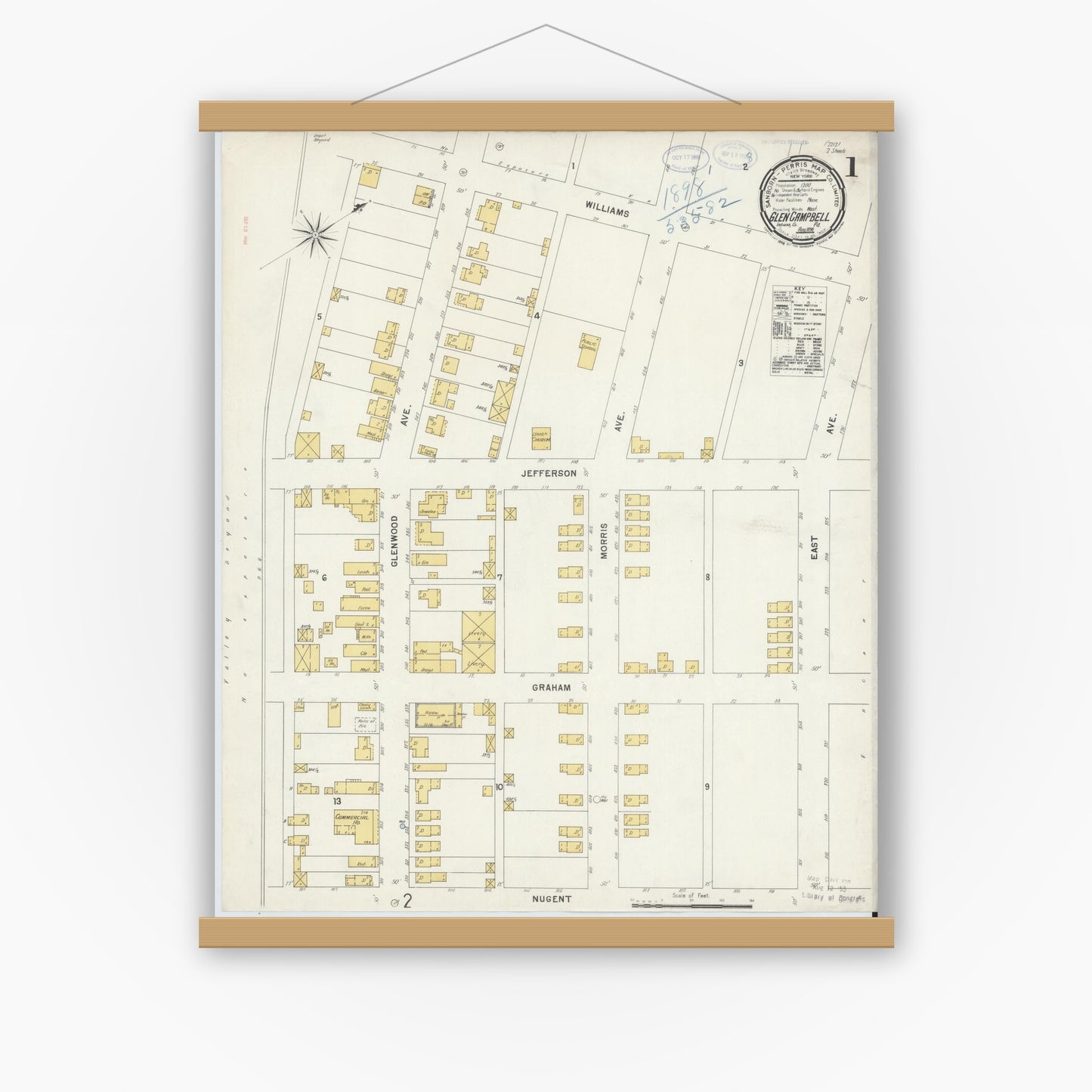 Old map wall art mockup — magnetic wood frame on white wall — Sanborn Fire Insurance Map from Glen Campbell, Indiana County, Pennsylvania (1898) - Complete Map Set