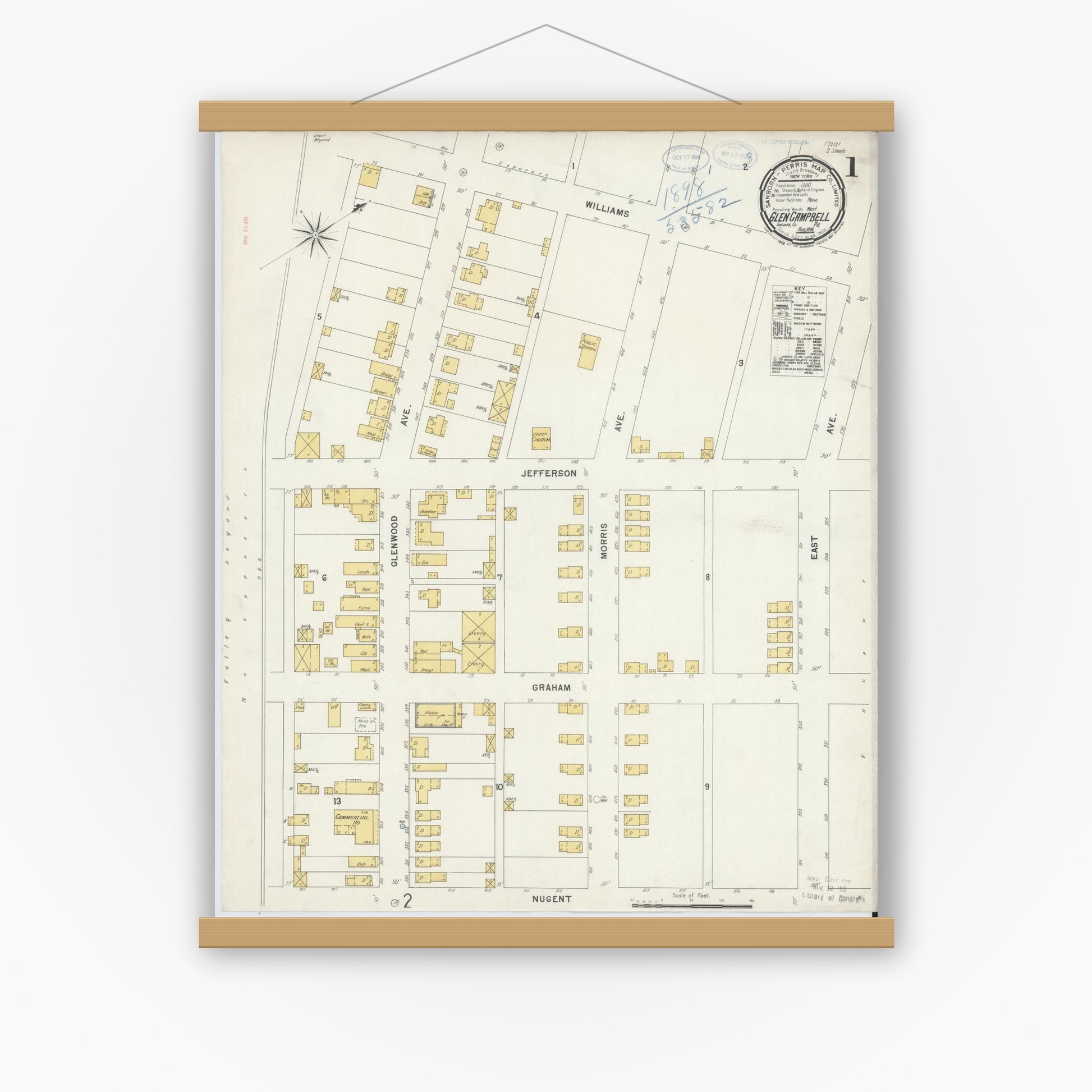 Old map wall art mockup — magnetic wood frame on white wall — Sanborn Fire Insurance Map from Glen Campbell, Indiana County, Pennsylvania (1898) - Complete Map Set