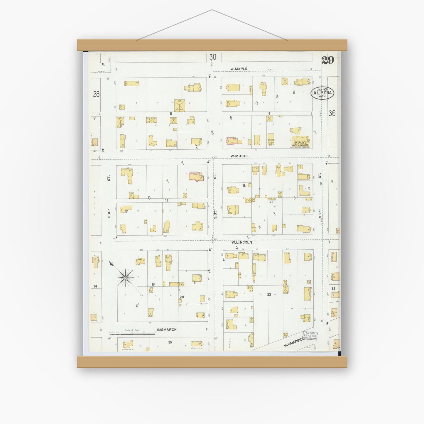Old map wall art mockup — magnetic wood frame on white wall — Sanborn Fire Insurance Map from Alpena, Alpena County, Michigan (1901), Sheet #0029
