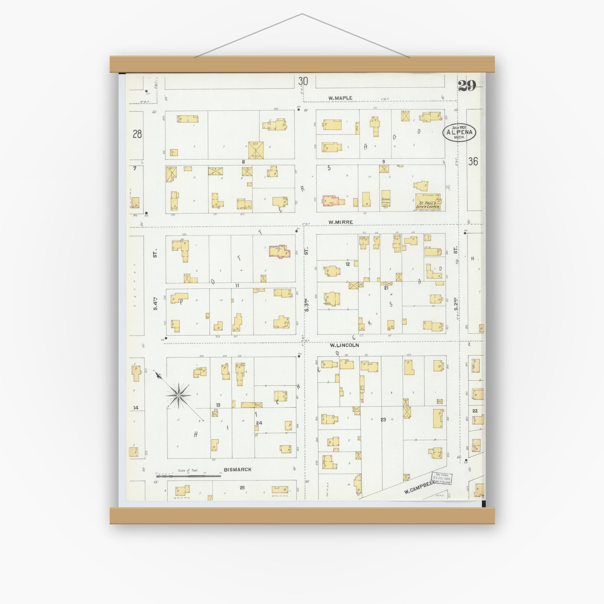 Old map wall art mockup — magnetic wood frame on white wall — Sanborn Fire Insurance Map from Alpena, Alpena County, Michigan (1901), Sheet #0029
