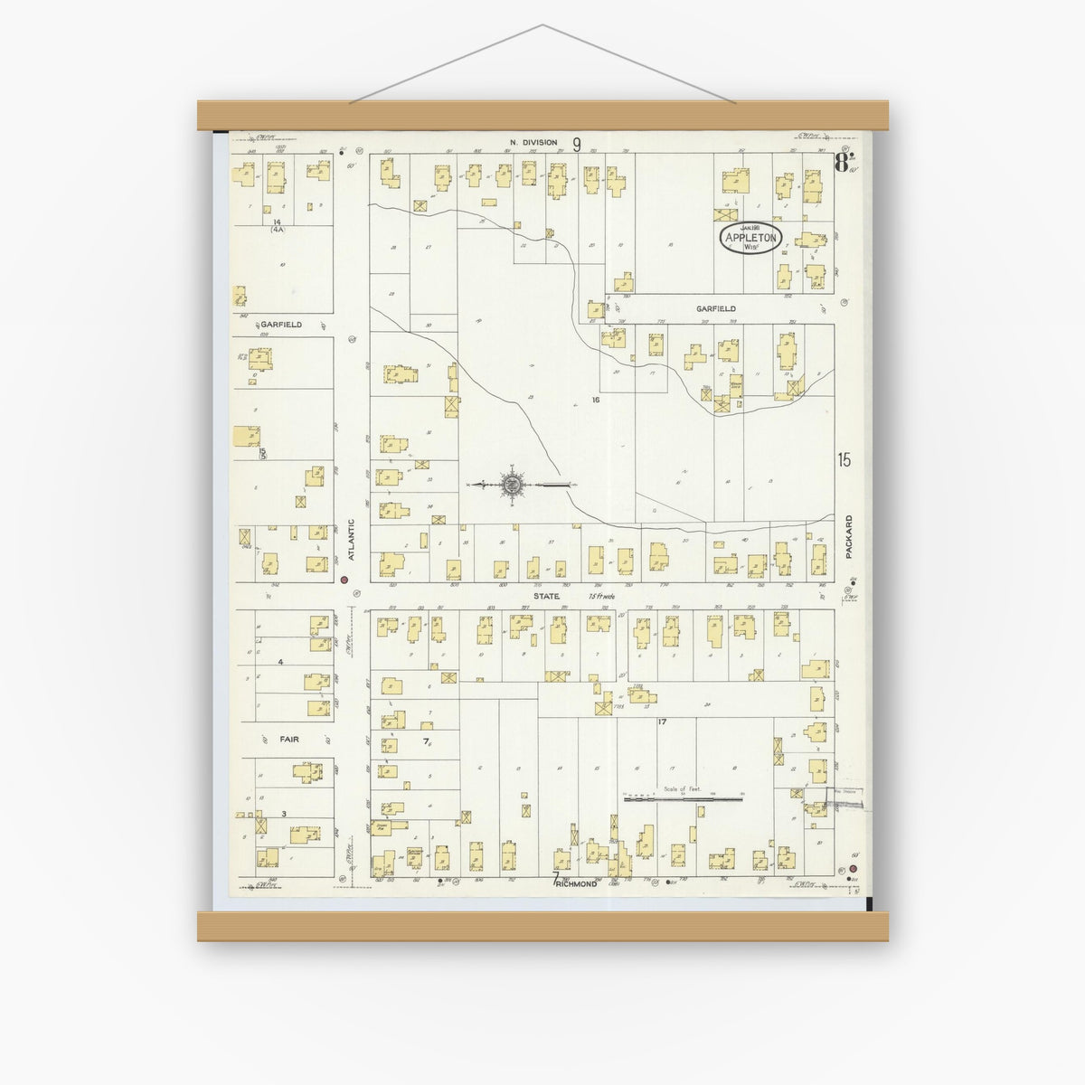 Old map wall art mockup — magnetic wood frame on white wall — Sanborn Fire Insurance Map from Appleton, Outagamie County, Wisconsin (1911), Sheet #0008