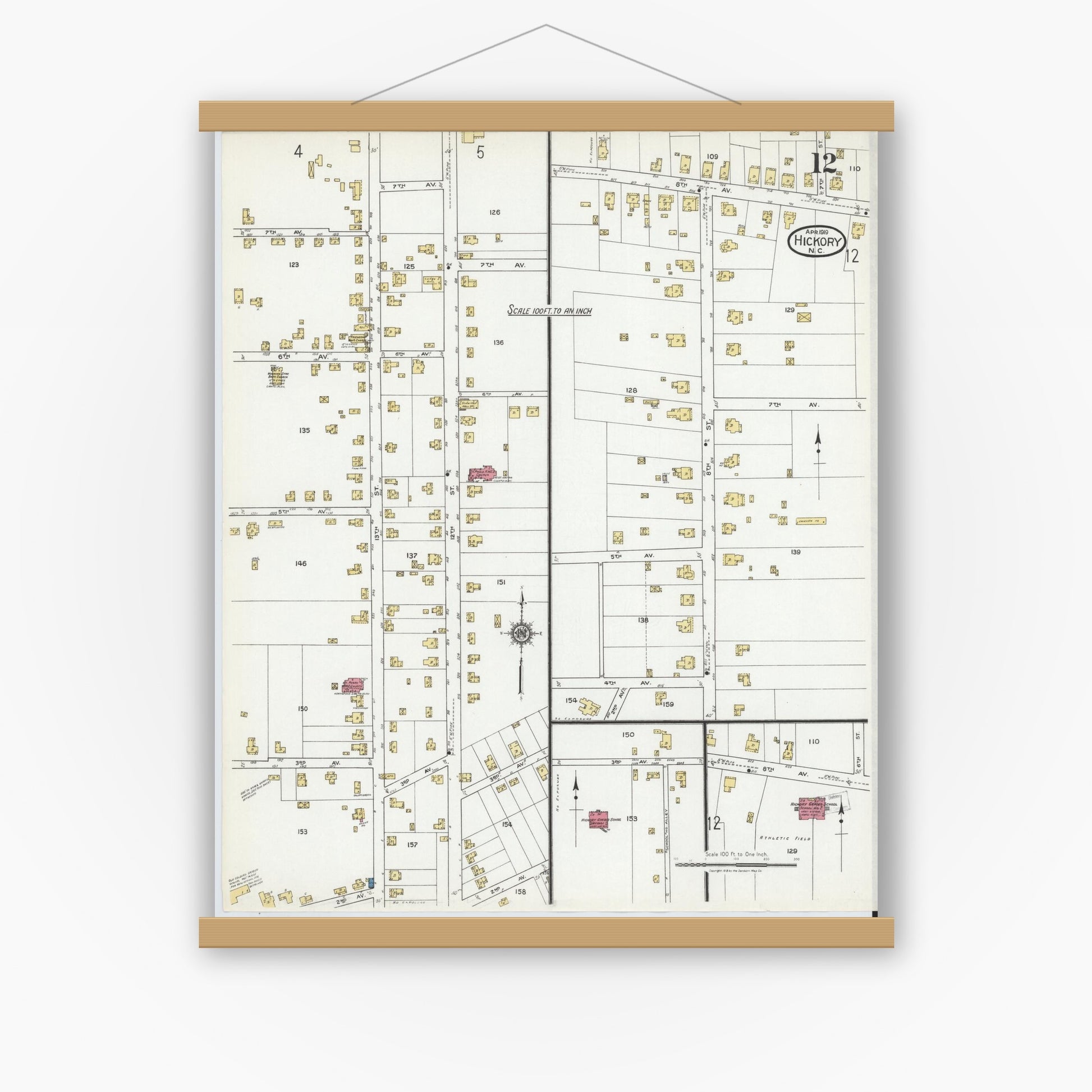 Old map wall art mockup — magnetic wood frame on white wall — Sanborn Fire Insurance Map from Hickory, Catawba County, North Carolina (1919), Sheet #0012