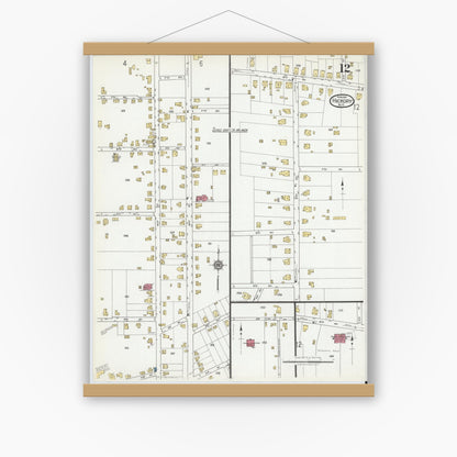 Old map wall art mockup — magnetic wood frame on white wall — Sanborn Fire Insurance Map from Hickory, Catawba County, North Carolina (1919), Sheet #0012