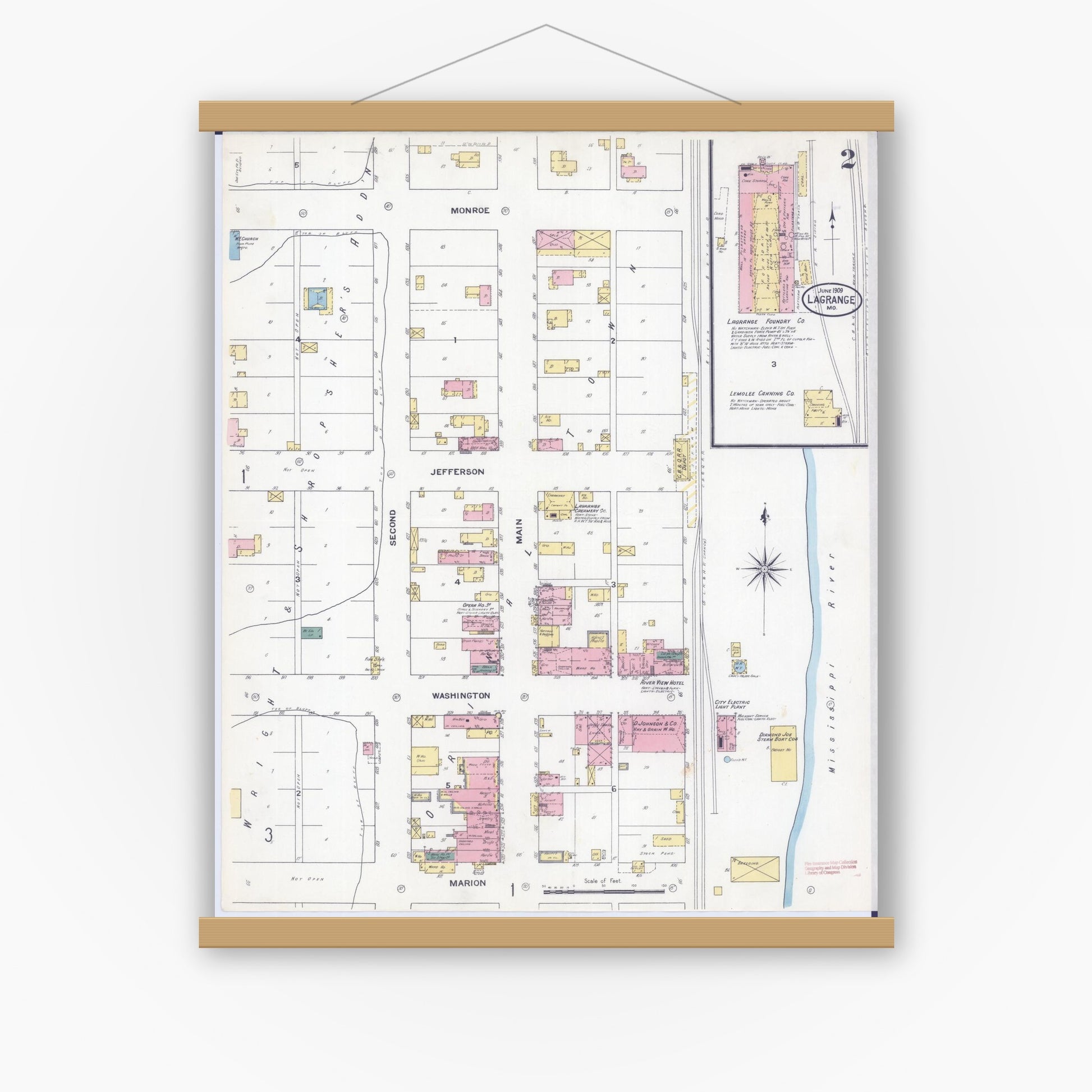 Old map wall art mockup — magnetic wood frame on white wall — Sanborn Fire Insurance Map from La Grange, Lewis County, Missouri (1909), Sheet #0002