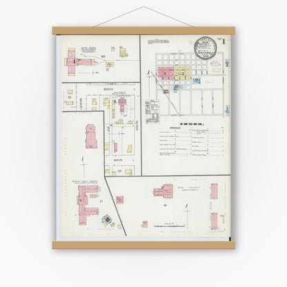 Old map wall art mockup — magnetic wood frame on white wall — Sanborn Fire Insurance Map from Oxford, Butler County, Ohio (1892), Sheet #0001
