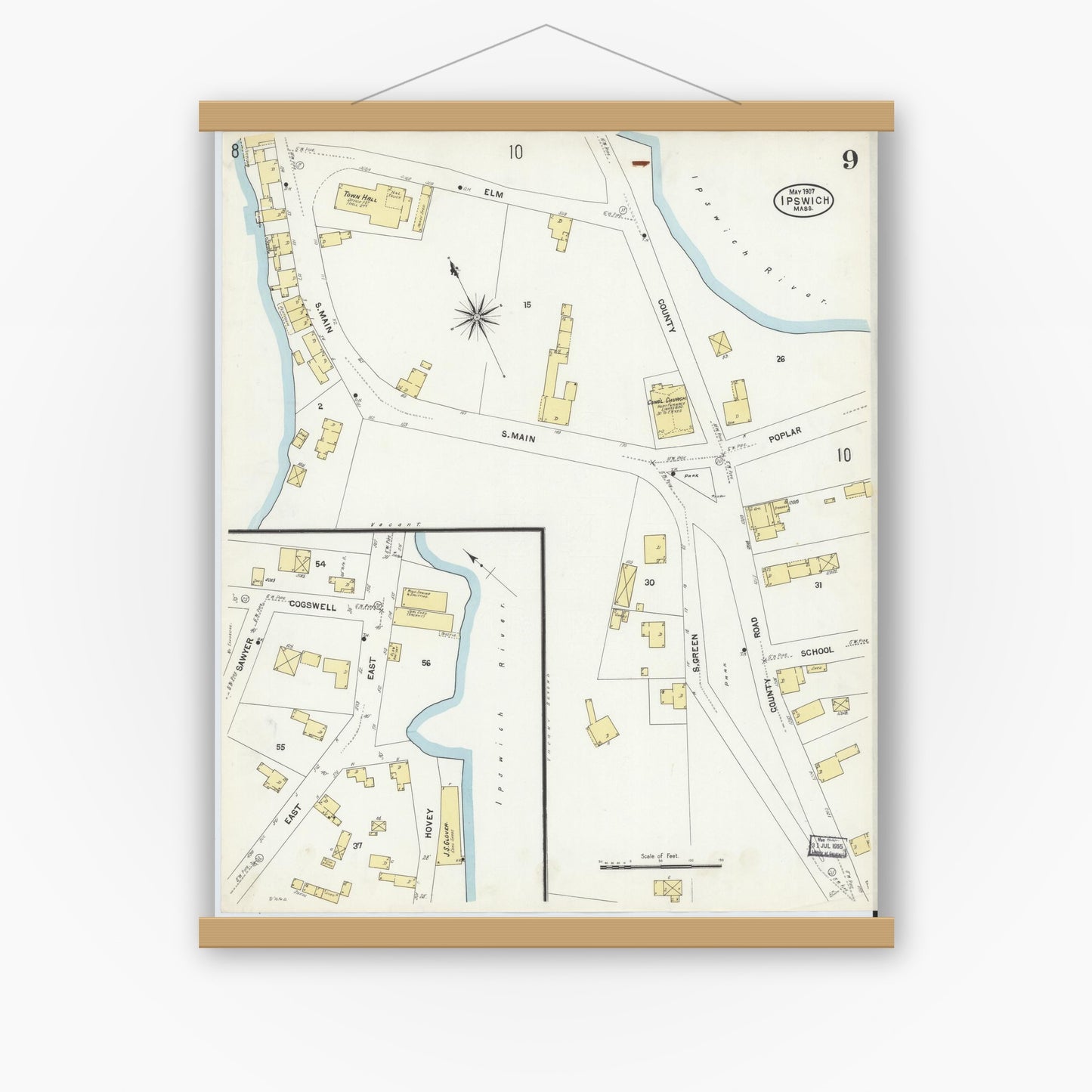 Old map wall art mockup — magnetic wood frame on white wall — Sanborn Fire Insurance Map from Ipswich, Essex County, Massachusetts (1907), Sheet #0009