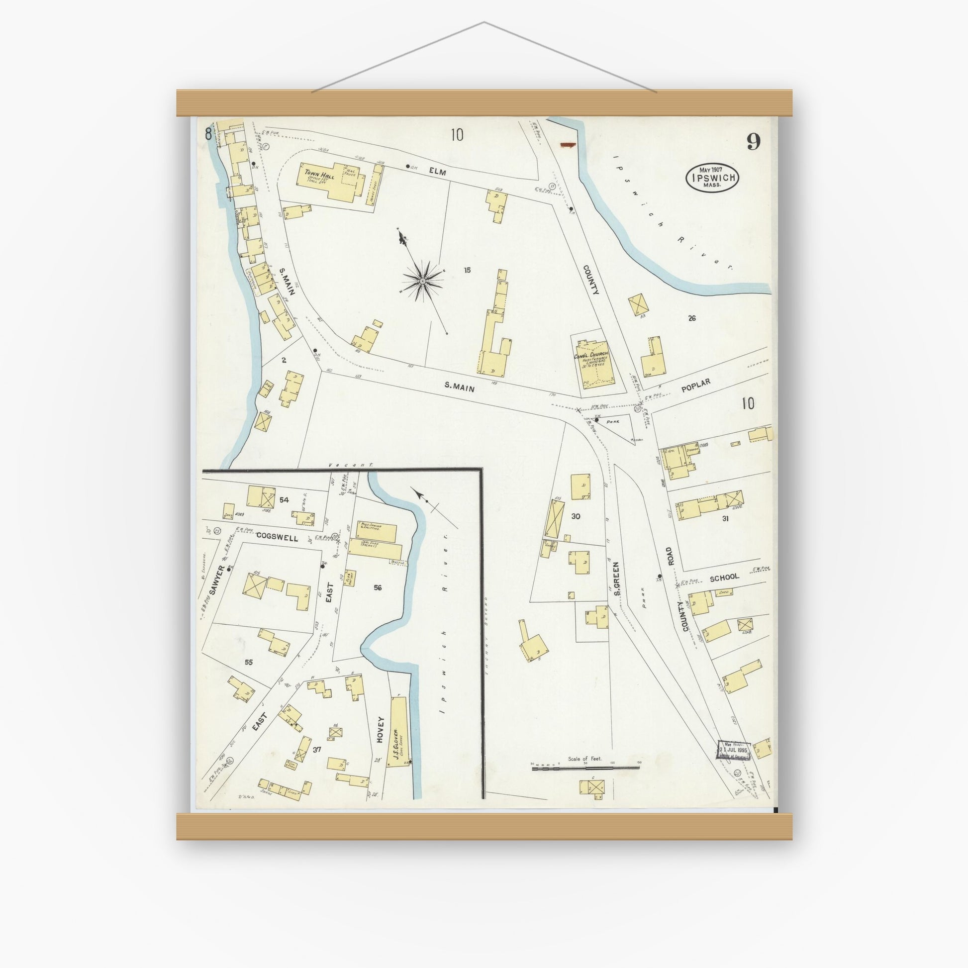 Old map wall art mockup — magnetic wood frame on white wall — Sanborn Fire Insurance Map from Ipswich, Essex County, Massachusetts (1907), Sheet #0009