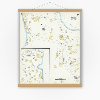 Old map wall art mockup — magnetic wood frame on white wall — Sanborn Fire Insurance Map from Ipswich, Essex County, Massachusetts (1907), Sheet #0009