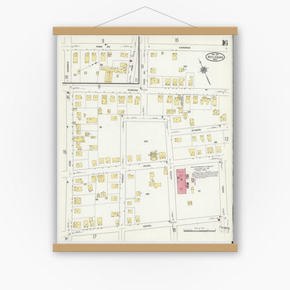 Old map wall art mockup — magnetic wood frame on white wall — Sanborn Fire Insurance Map from Attleboro, Bristol County, Massachusetts (1911), Sheet #0016